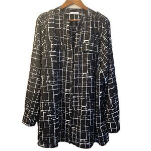 Calvin Klein‎ Tunic Womens Medium Black Button-Up Geometric Collared Long Sleeve
